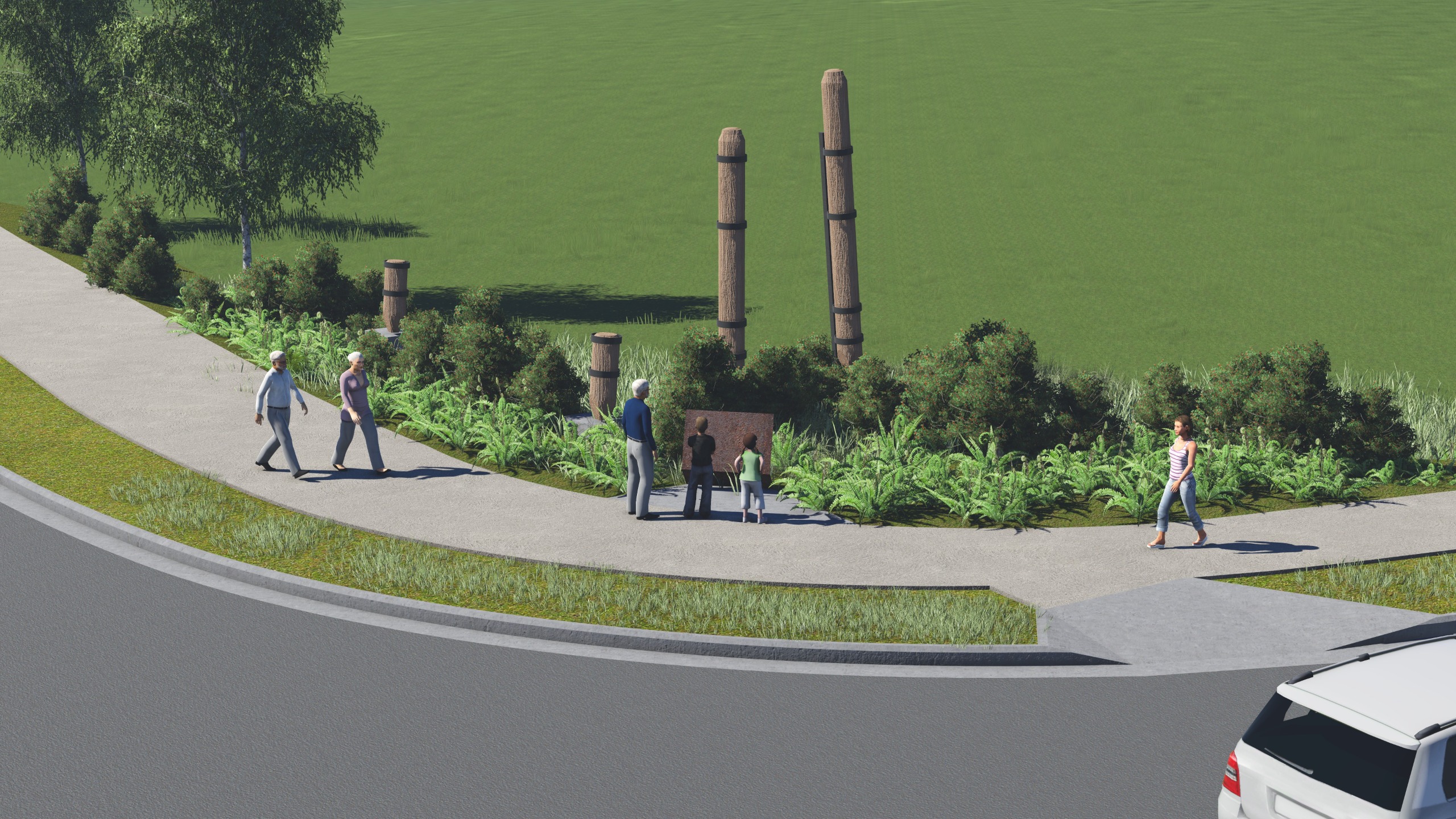 hisotric timber piles vertically displayed on Goldmine Road at the rail facility entrance