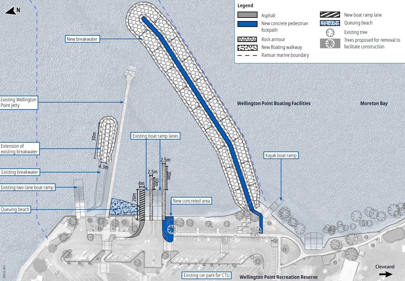 Concept plan showing upgrades focused on marine infrastructure, including a new breakwater, extension of the existing breakwater, and two floating walkways. No changes to the existing car and trailer parking layout, retaining the current footprint while i