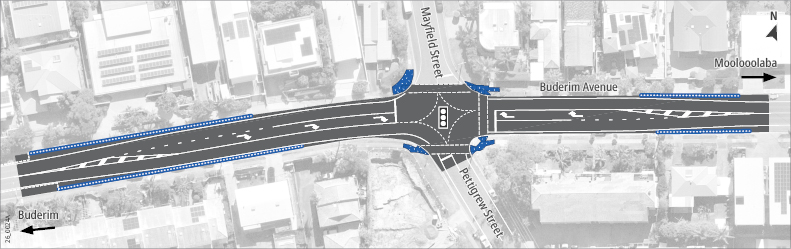 Buderim Avenue, Mayfield Street and Pettigrew Street intersection
