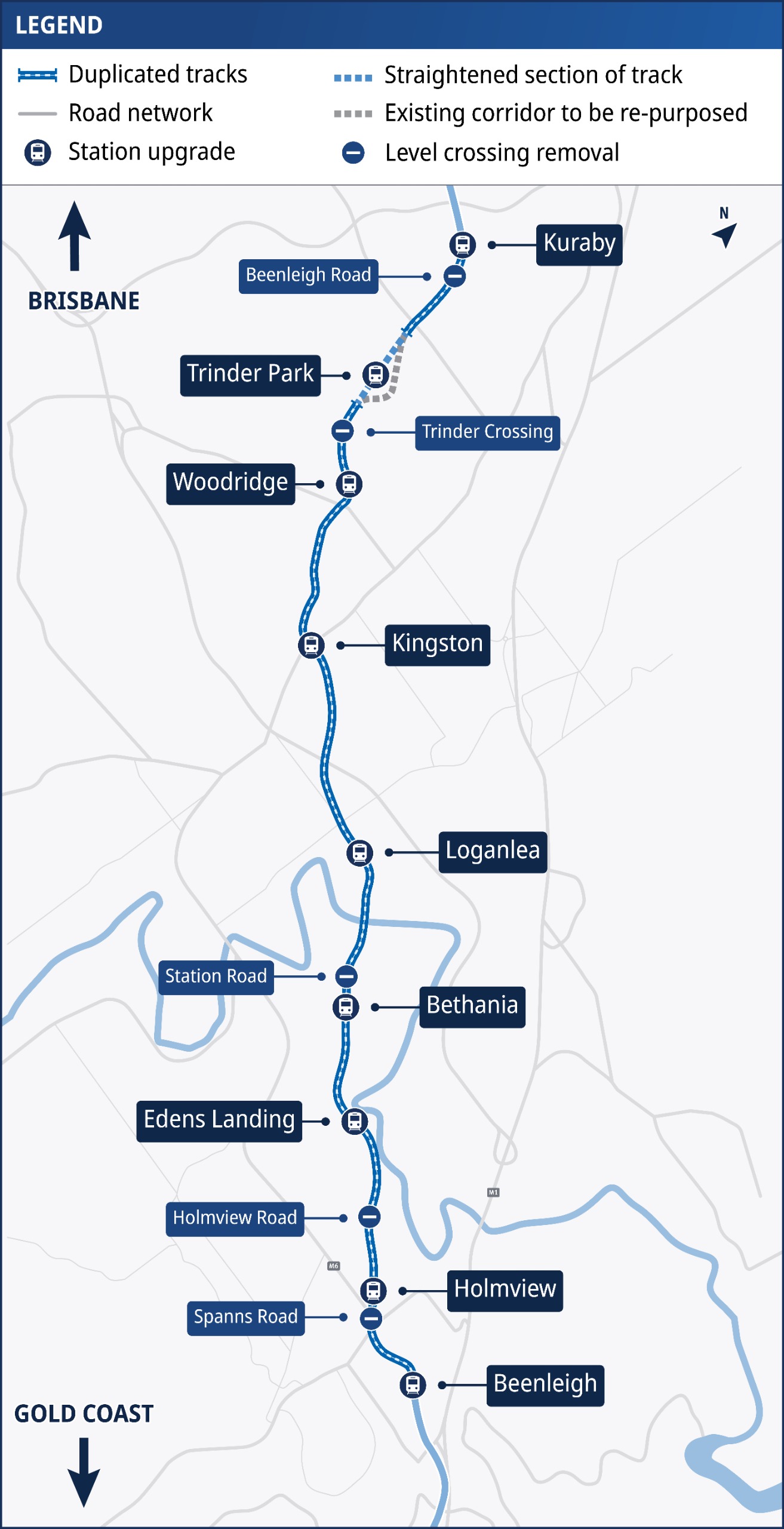 Map of project corridor showing stations and level crossing removals
