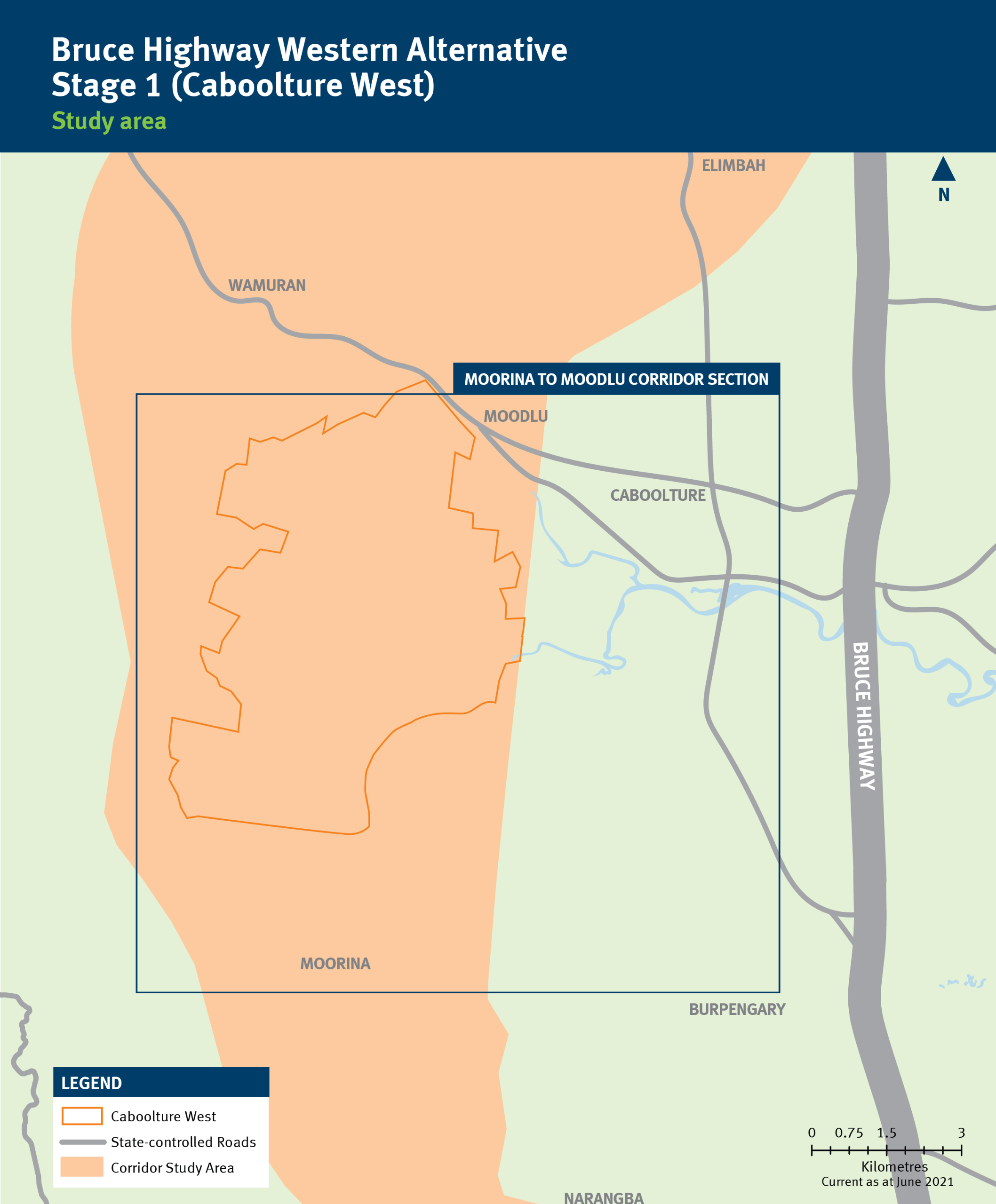 Study area map for the Bruce Highway Western Alternative