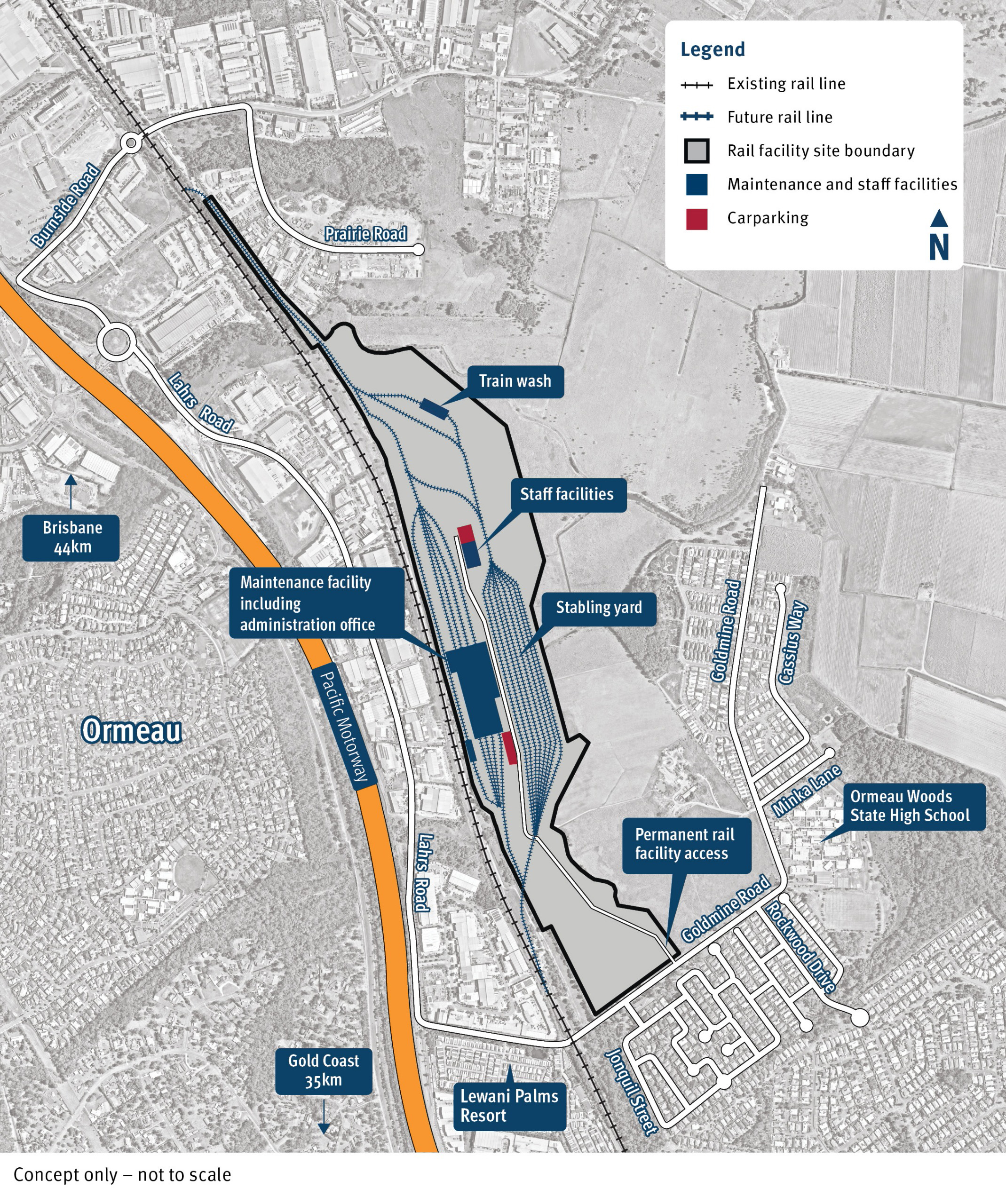Image shows site layout plan of Ormeau rail facility, including Goldmine Road permanent rail facility access, maintenance facility including administration office, two carparking areas, train wash, staff facilities and stabling yard.