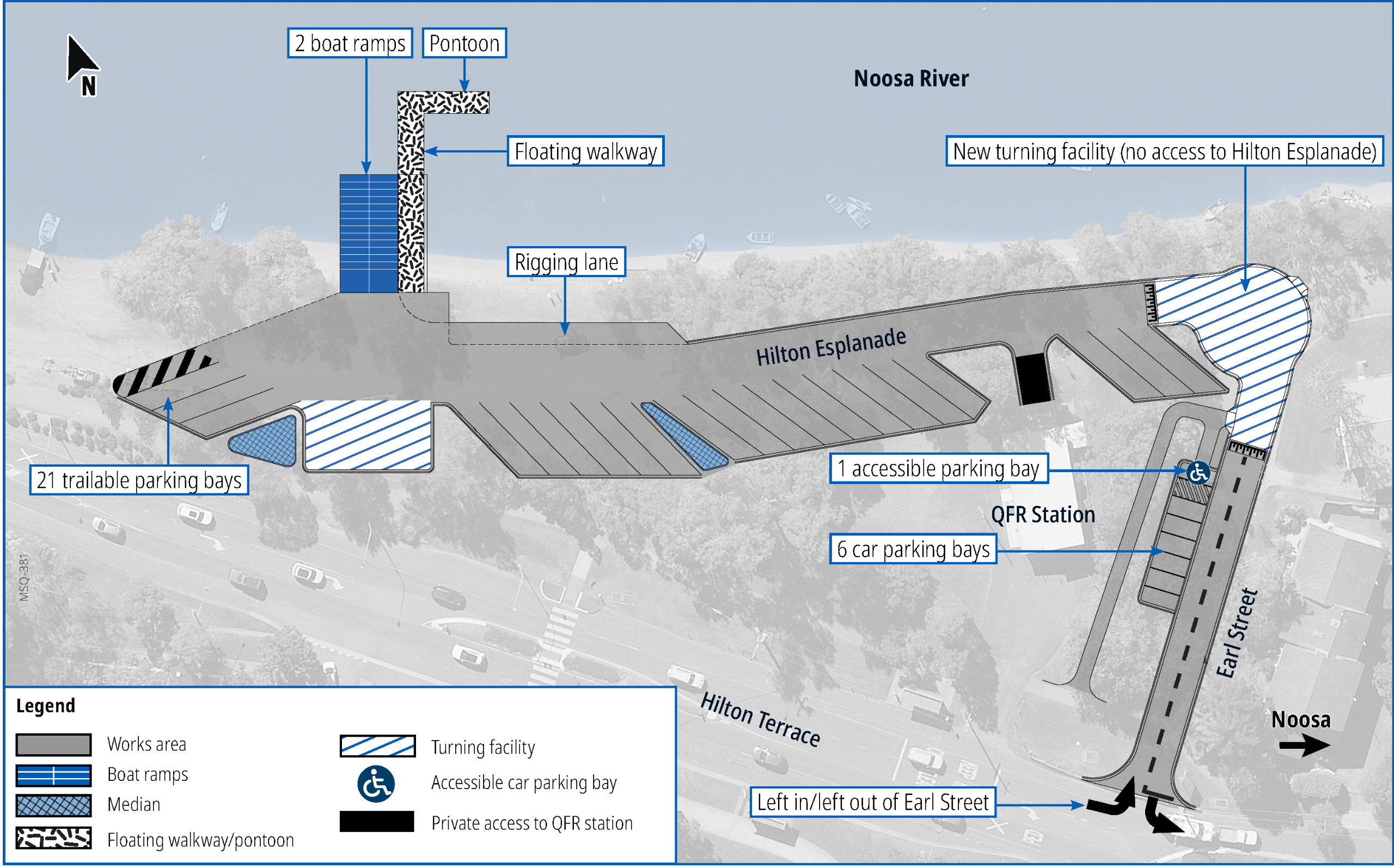 Proposed Option 1 concept design showing a two-lane boat ramp, floating walkway, pontoon, parking bays and traffic changes at Hilton Esplanade, Tewantin. Includes a new turning facility with no through-access along Hilton Esplanade.