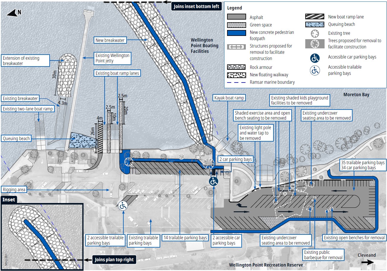 Concept plan showing an expanded car and trailer parking area extending south into the Wellington Point Reserve. Includes additional trailable and standard car parks, accessible spaces, two floating walkways, and an extended breakwater with a pedestrian f