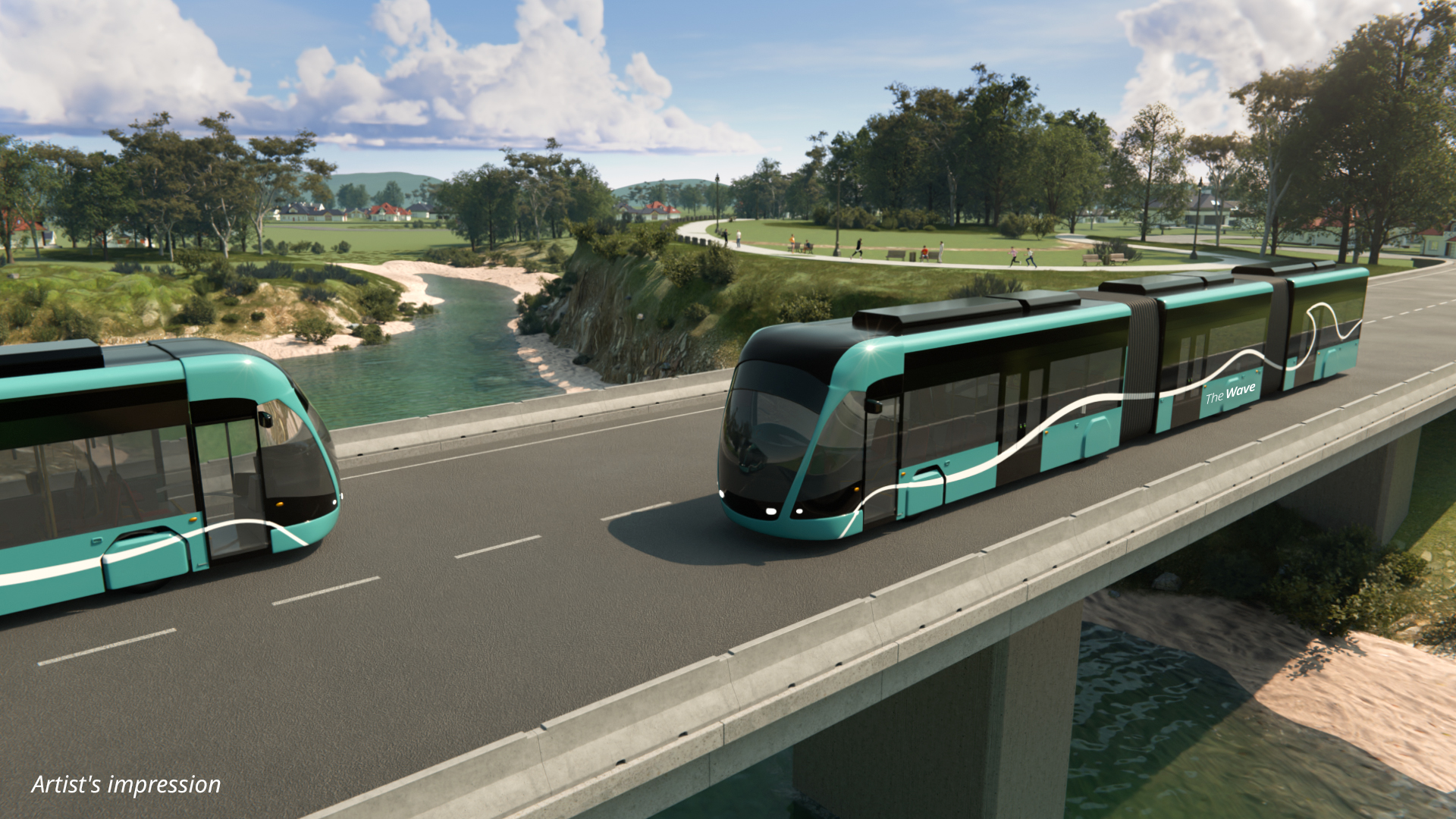 Artist's impression of a metro-style vehicle on a bridge over water with sand and a park in the  background