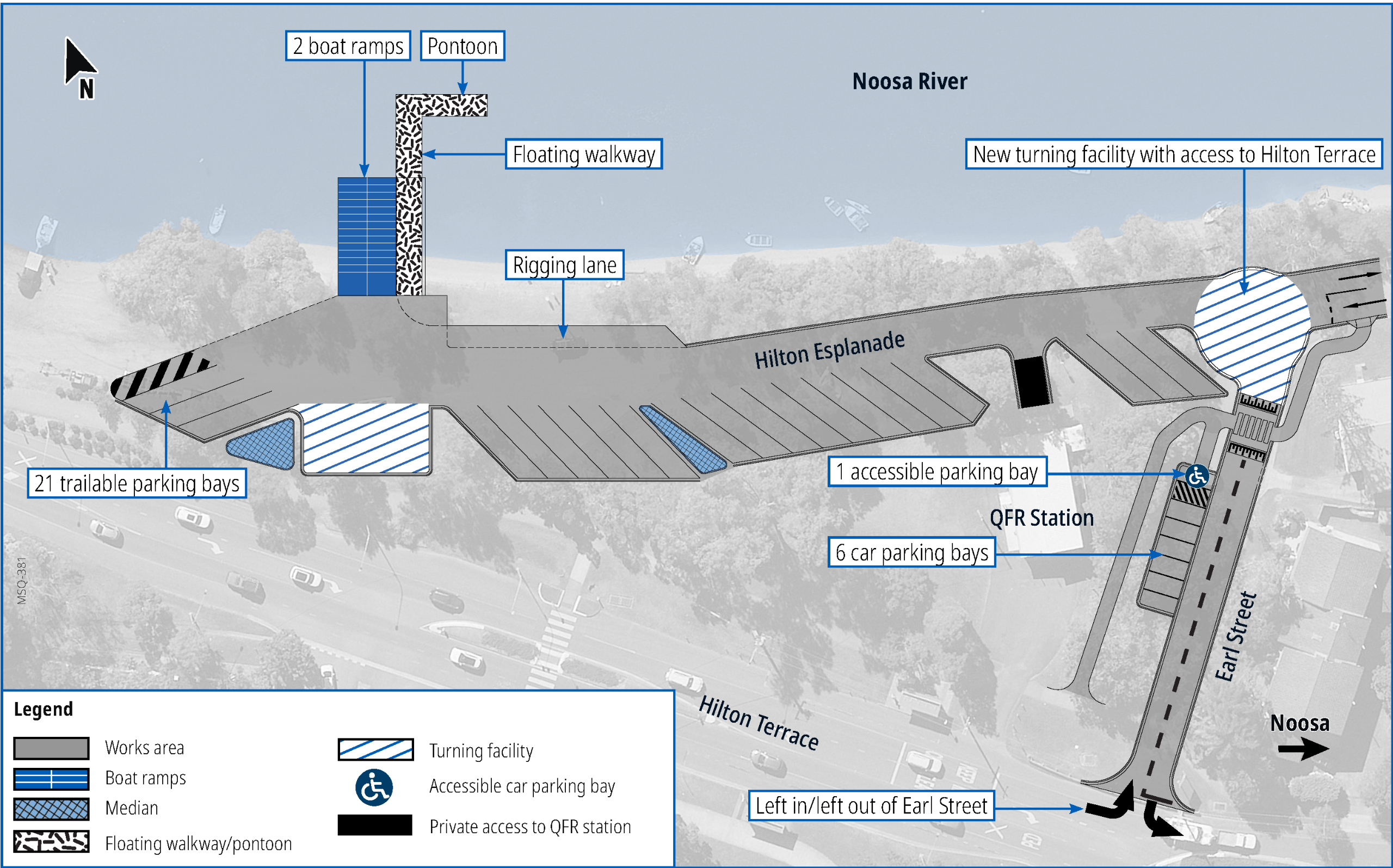 Proposed Option 2 concept design showing a two-lane boat ramp, floating walkway, pontoon, parking bays and traffic changes at Hilton Esplanade, Tewantin. Includes a new turning facility that retains through-access along Hilton Esplanade.