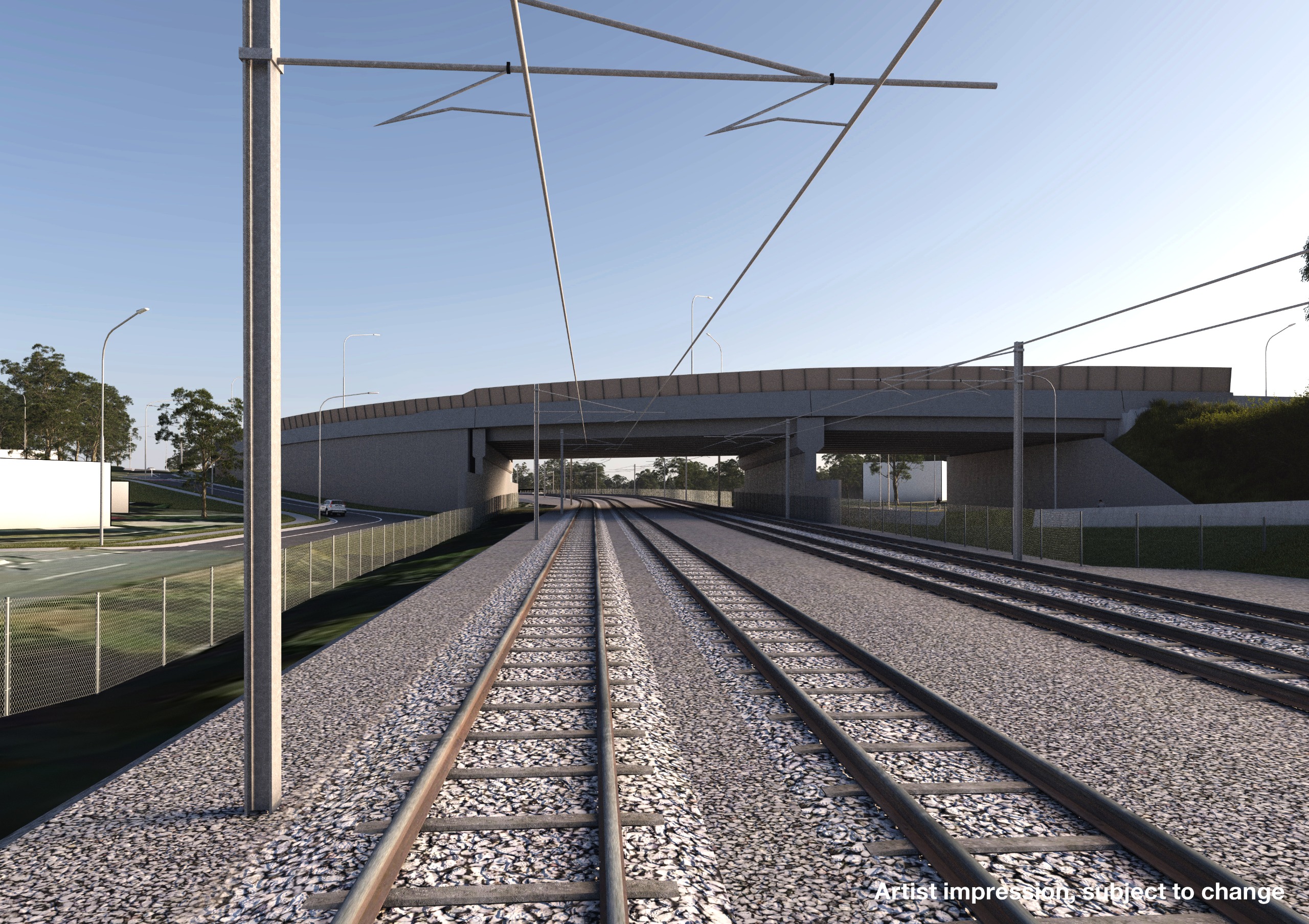 Artist impression of road-over-rail bridge travelling north