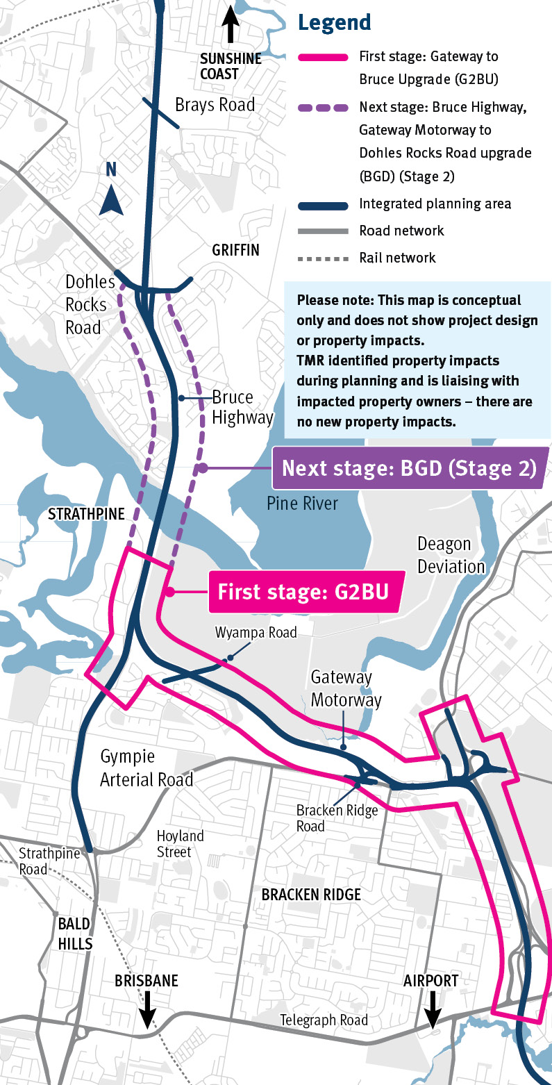 Staged upgrades map showing first stage - Gateway Motorway from Bracken Ridge to interchange with Bruce Highway, south of the Pine River. Next priority stage shown from Pine River bridges to Dohles Rocks Road.