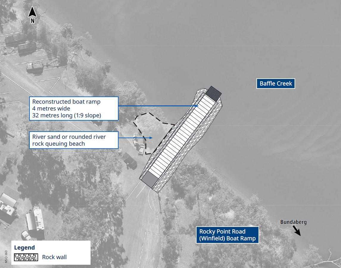 Image shows Option 3 of 3 proposed concept design plans for the Rocky Point Road Boat Ramp (Winfield). This option will reconstruct the existing boat ramp lane and install rock protection on both sides of the boat ramp.