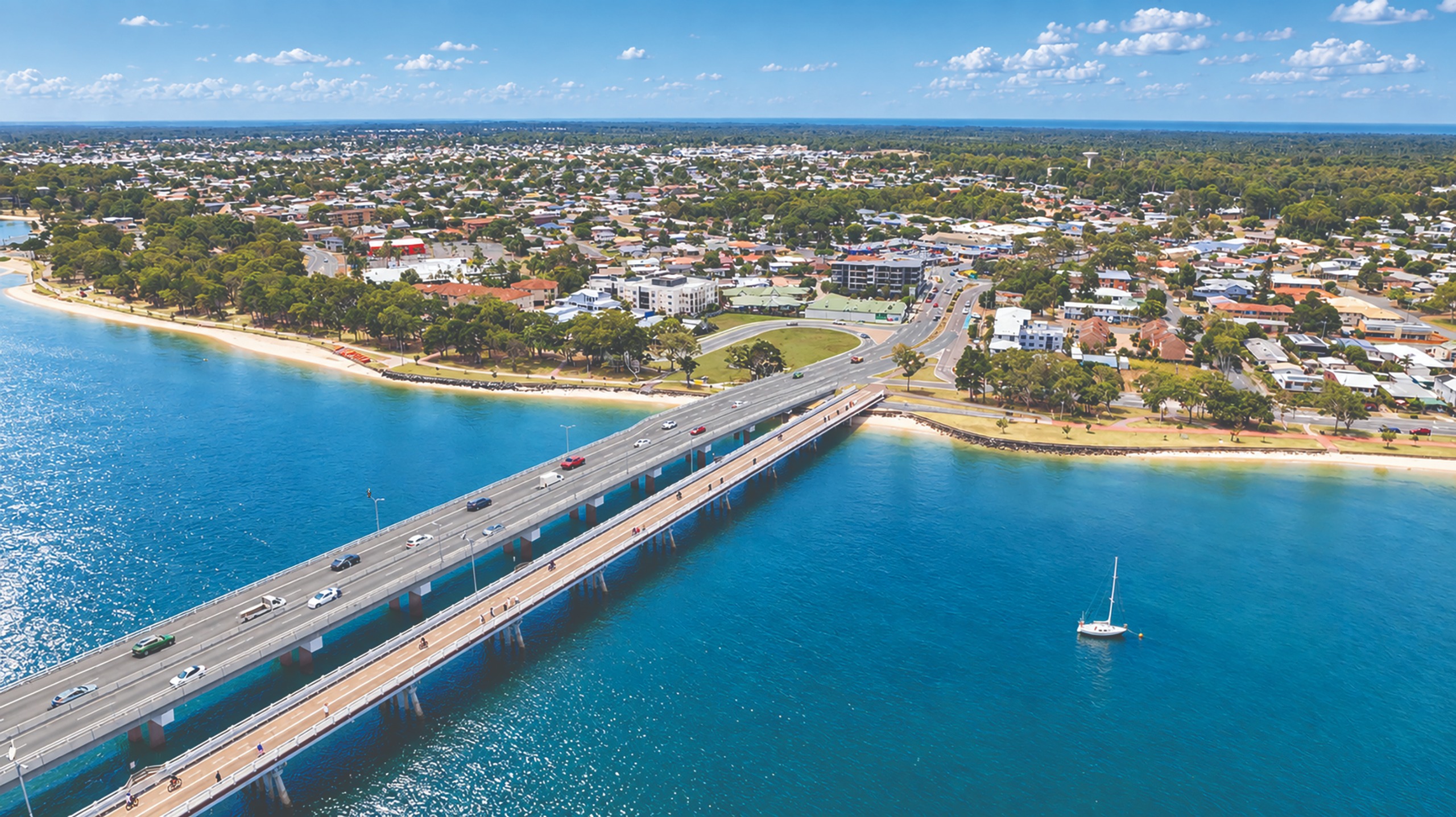 Artist impression of the new four-lane traffic bridge showing the xxx approach. and the dedicated active transport connection.