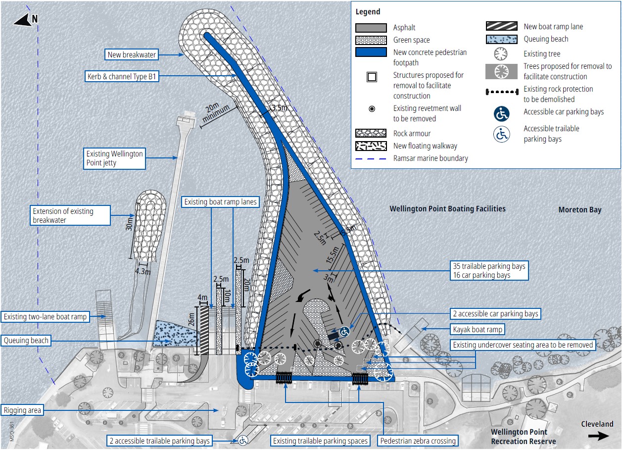Concept plan showing new parking created on reclaimed land east of the existing car park within the Moreton Bay Marine Park. Includes additional trailable and standard car parks, accessible spaces, two floating walkways, and a new breakwater 