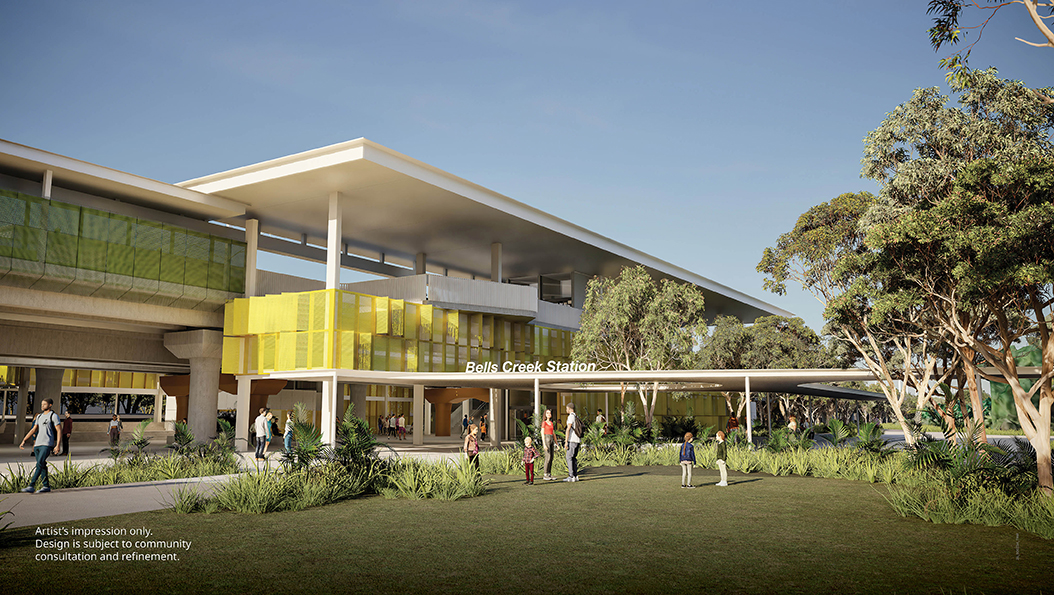 Artist's impression of the Bells Creek (Aura) rail station precinct