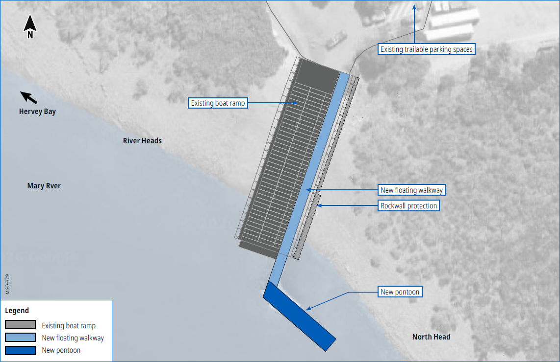 Bird's-eye view concept plan of the River Heads Boating Facilities Upgrade. The existing boat ramp is shown in grey extending into the water. A new floating walkway, shown in light blue, runs alongside the existing boat ramp and connects to a new pontoon 
