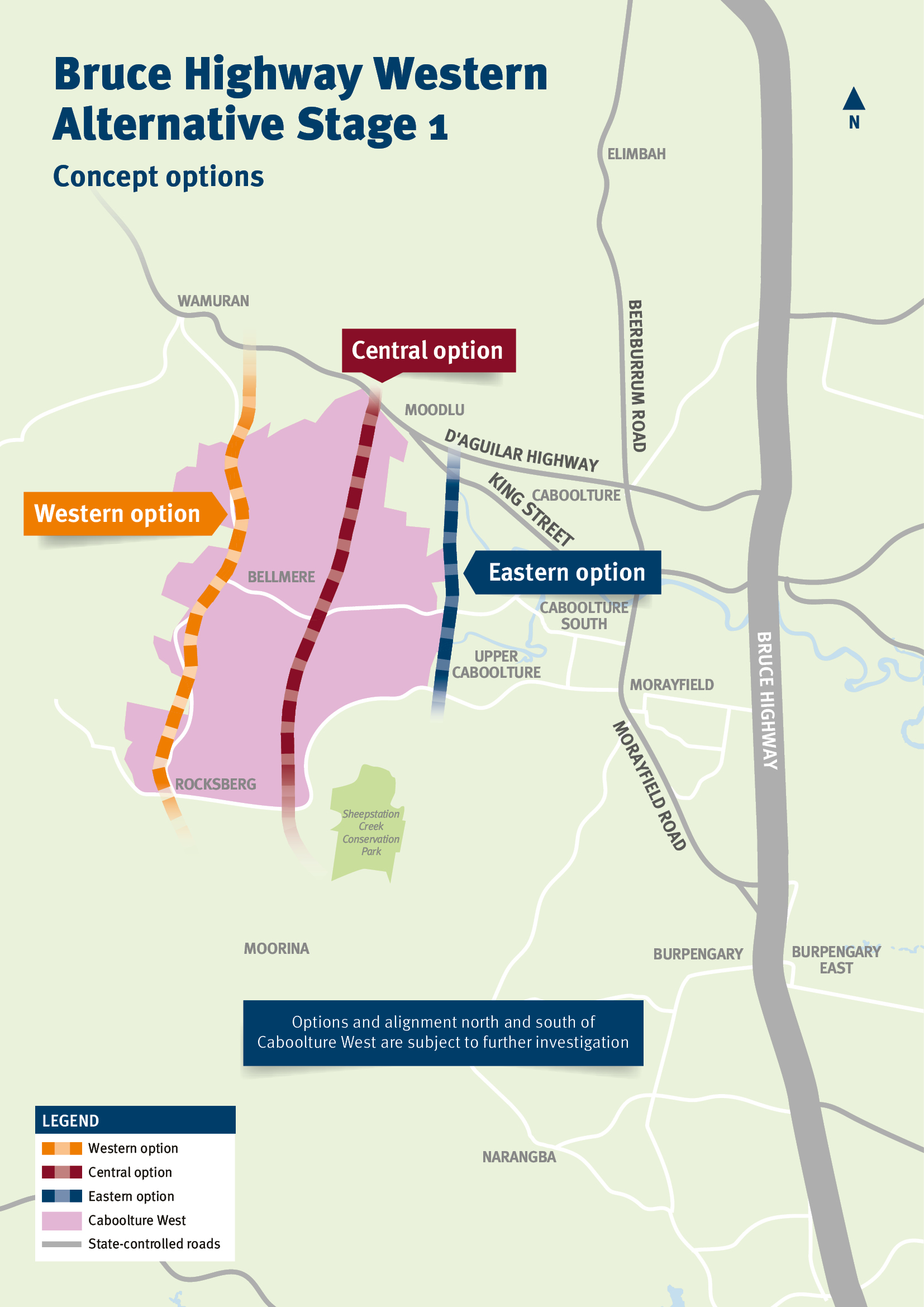Concept options map for the Bruce Highway Western Alternative Stage 1 (Caboolture West)