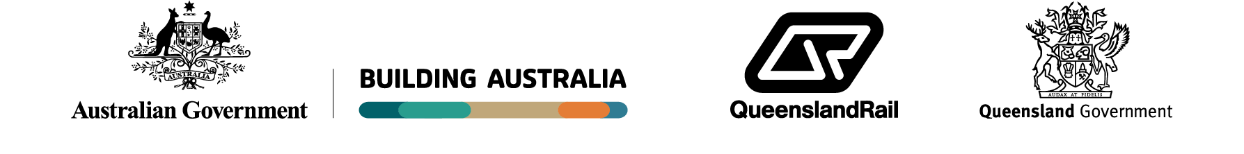 Australian Government coat of arms, Queensland Rail logo and Queensland Government coat of arms