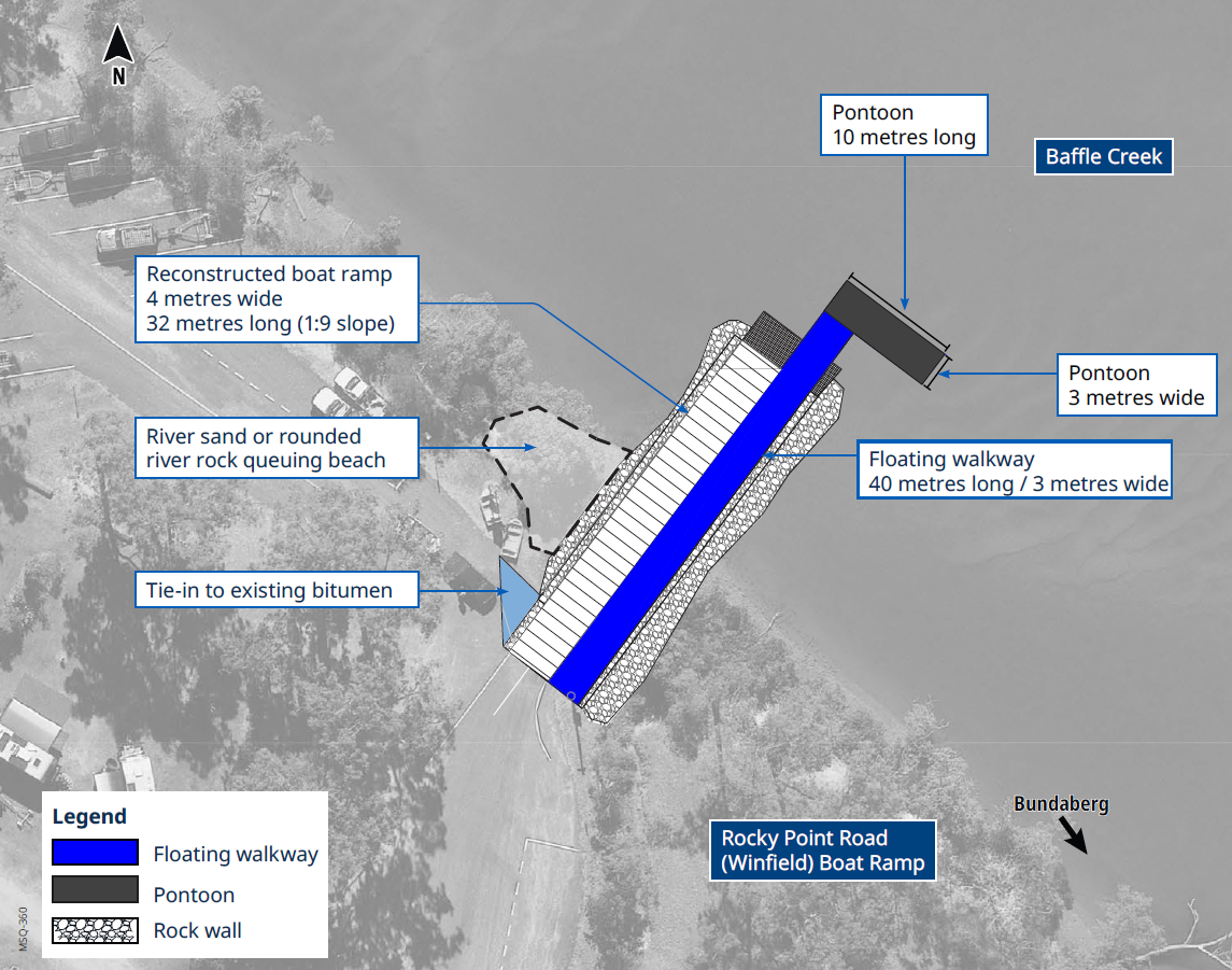 Image shows Option 1 of 3 proposed concept design plans for the Rocky Point Road Boat Ramp (Winfield). This option shows a reconstruction of the existing boat ramp lane with a floating walkway, a pontoon and rock protection.