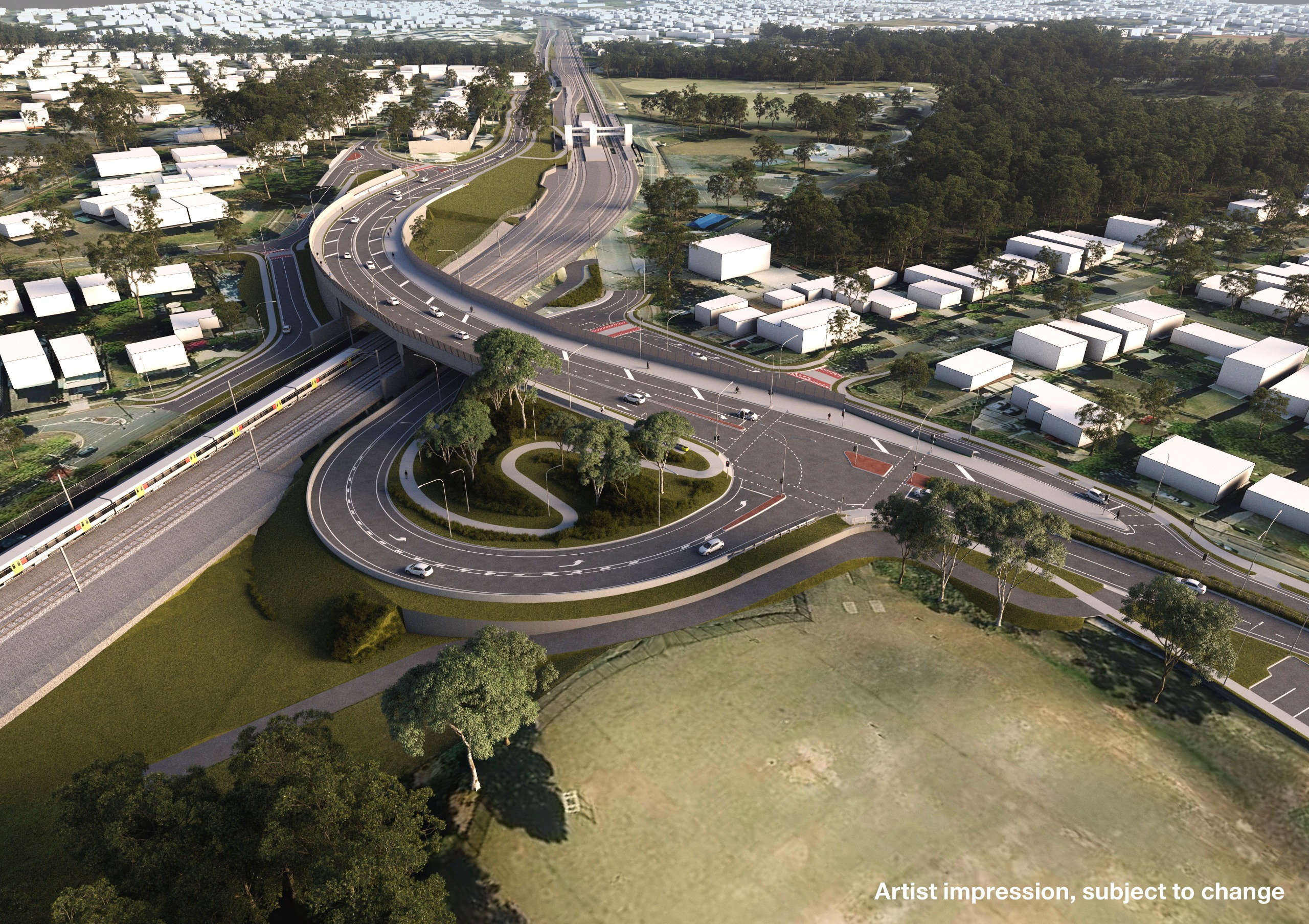 Artist impression of road-over-rail bridge in local context