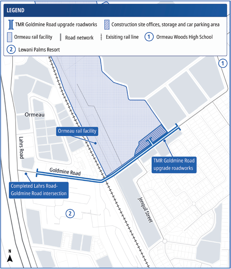 Map shows Ormeau with Goldmine Road upgrade works extent and local landmarks.