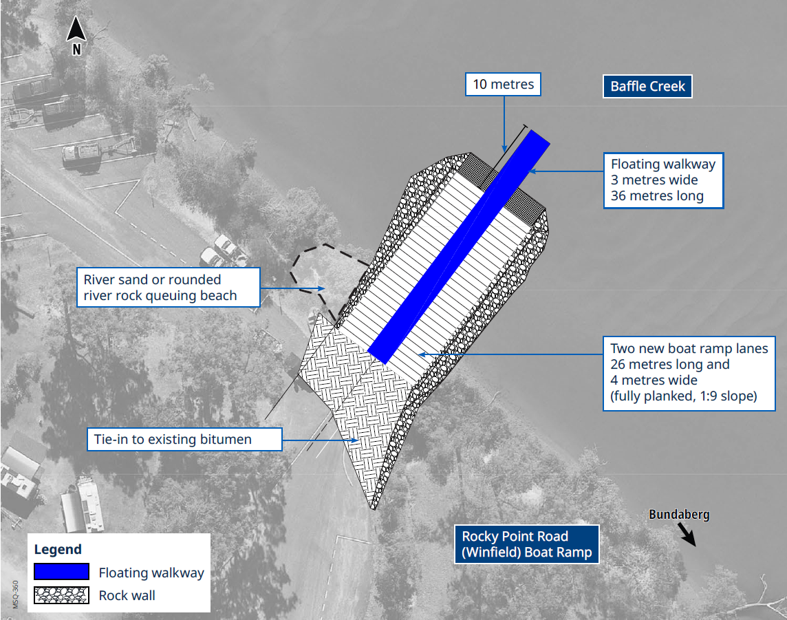 Image shows Option 2 of 3 proposed concept design plans for the Rocky Point Road Boat Ramp (Winfield). The plan shows two boat ramp lanes with a central floating walkway and rock protection.