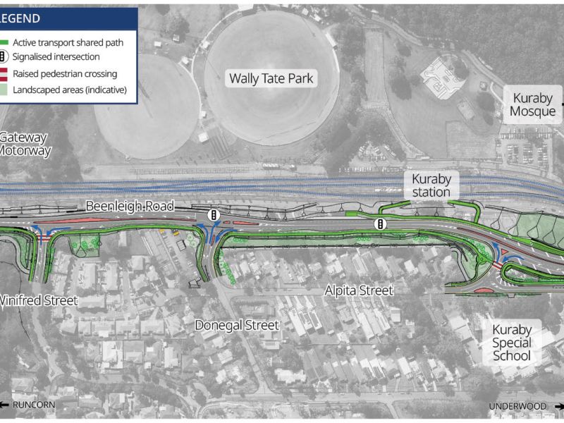 Layout map of Beenleigh Road from Strathmore Street to Donegal Street, showing traffic movements at each intersection