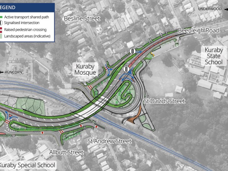 Layout map of Beenleigh Road, Kuraby road-over-rail bridge, showing turning movements at each intersection