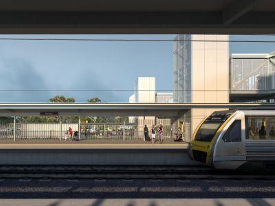 Artist impression of a train platform at Kuraby station showing the new footbridge, lift and stairs, with people waiting to catch a train.