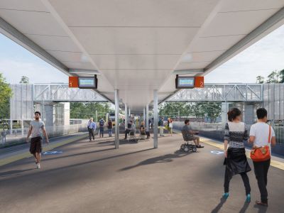 Artist impression of people standing on the new platforms at Kingston station, showing the new footbridge over the station.