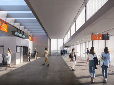 Artist impression of inside the station overpass including people walking around, directional signage and entrance to platforms.