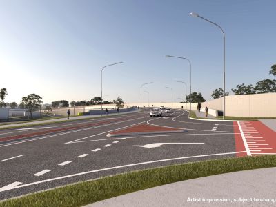 Artist impression of new road-over-rail bridge, Kuraby. Shows cars and pedestrians travelling on new bridge, from pedestrian's perspective.