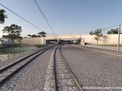 Artist impression of new road-over-rail bridge, Kuraby from the perspective of the rail corridor.