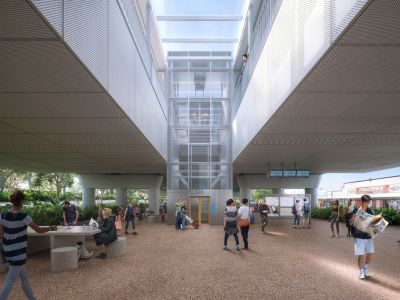 Artist impression of the lift entrance to the upgraded Woodridge station,  with people walking underneath the new elevated rail tracks and station.