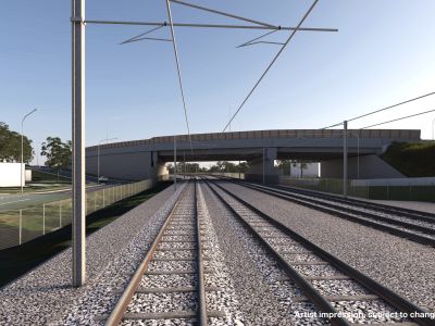 Artist impression of new road-over-rail bridge, Kuraby from the perspective of the rail corridor.