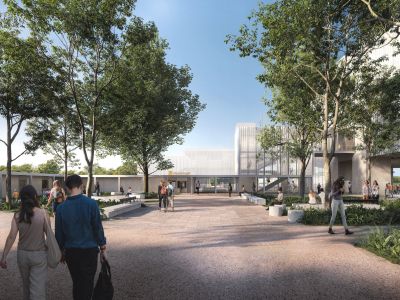 Artist impression of entrance of new Beenleigh station with people walking around pathways.