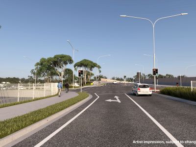 Artist impression of new road-over-rail bridge, Kuraby from the perspective of a car travelling on the bridge.