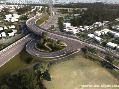 Artist impression of new road-over-rail bridge, Kuraby. Shows cars travelling on new bridge.