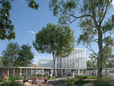 Artist impression of the main entrance to the upgraded Kingston station with people walking to and from the station.